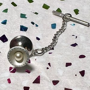 Vintage Silver with Pearl Tie Tack with Silver Chain